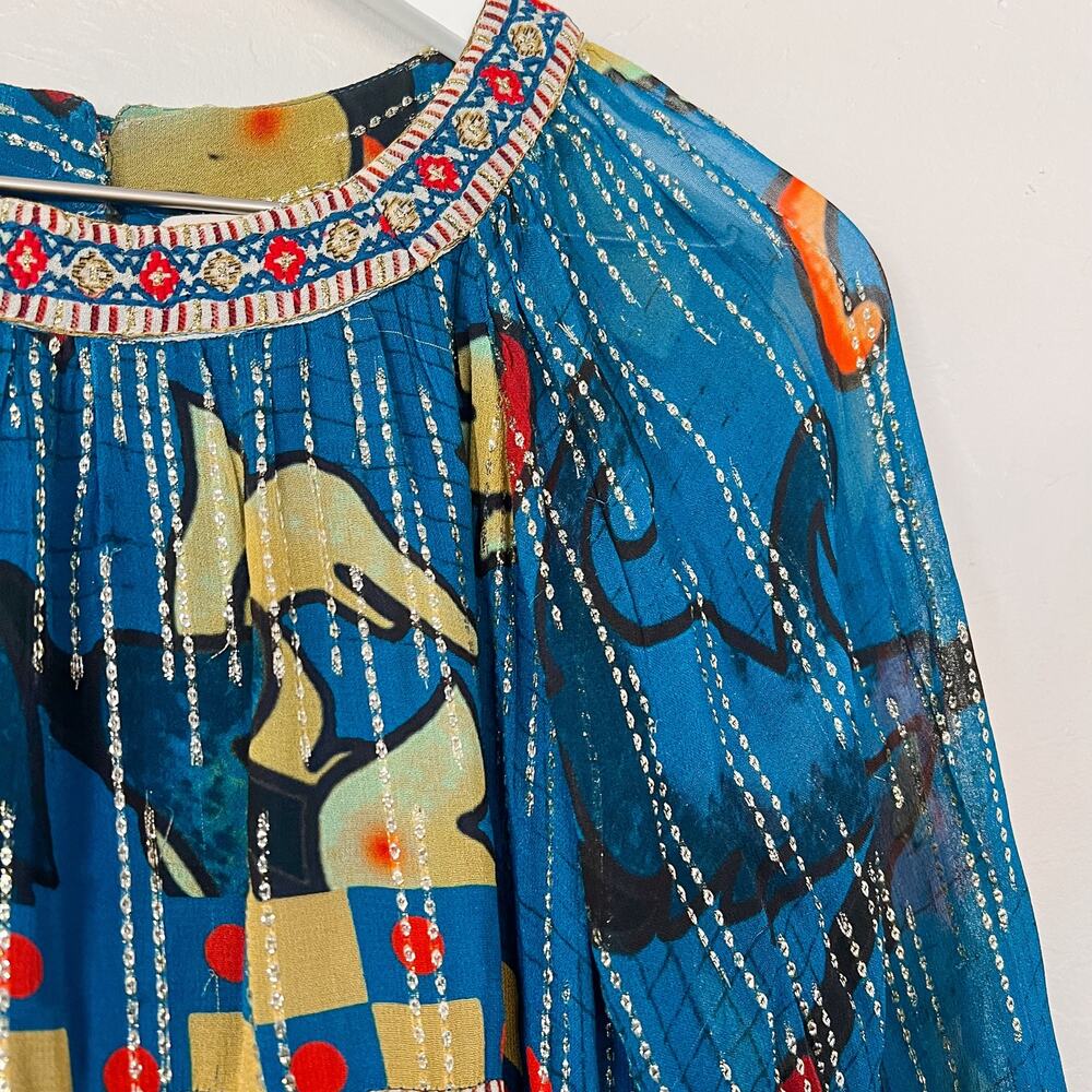 Verb Pallavi Singhee Eulalia Blue Shimmer Tunic Dress 4 Boho Metallic Anthro - Picture 3 of 6